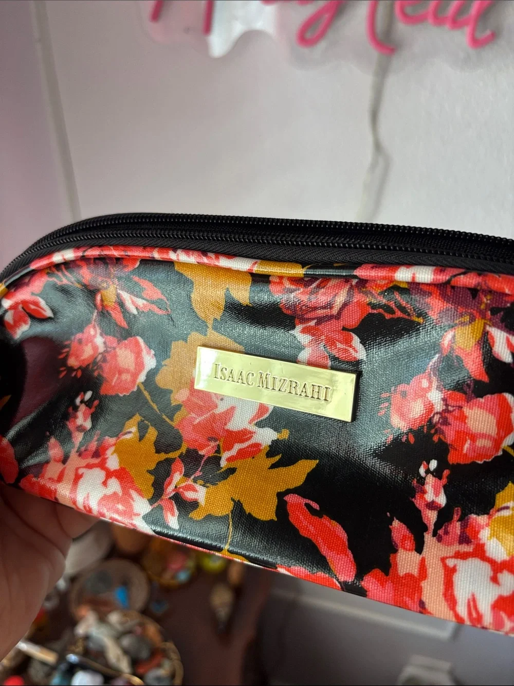 Isaac Mizrahi Black Floral Zip Cosmetic Pouch with Red & Mustard Blooms